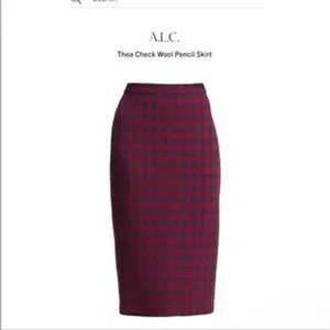 NWOT ALC Thea Red Navy Buffalo Plaid Pencil Skirt Sz 4 Midi Slit Italian Fabric